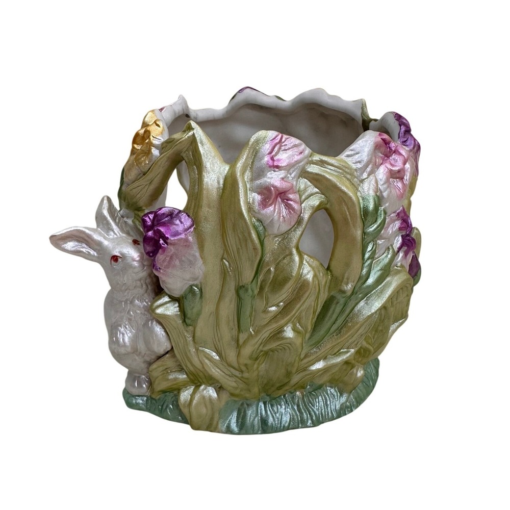 Giftcraft Bunny Rabbit Planter Floral Ceramic Easter Decor‎ Pearlescent Votive